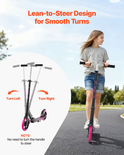 Kick Scooter for Kids Ages 8+, Teens & Adults, 2-Wheel Toddler Scooter with Adjustable Height Handlebar, Wide Anti-Slip Deck, Foldable Lightweight Frame for Boys and Girls up to 99.8 kg, Pink
