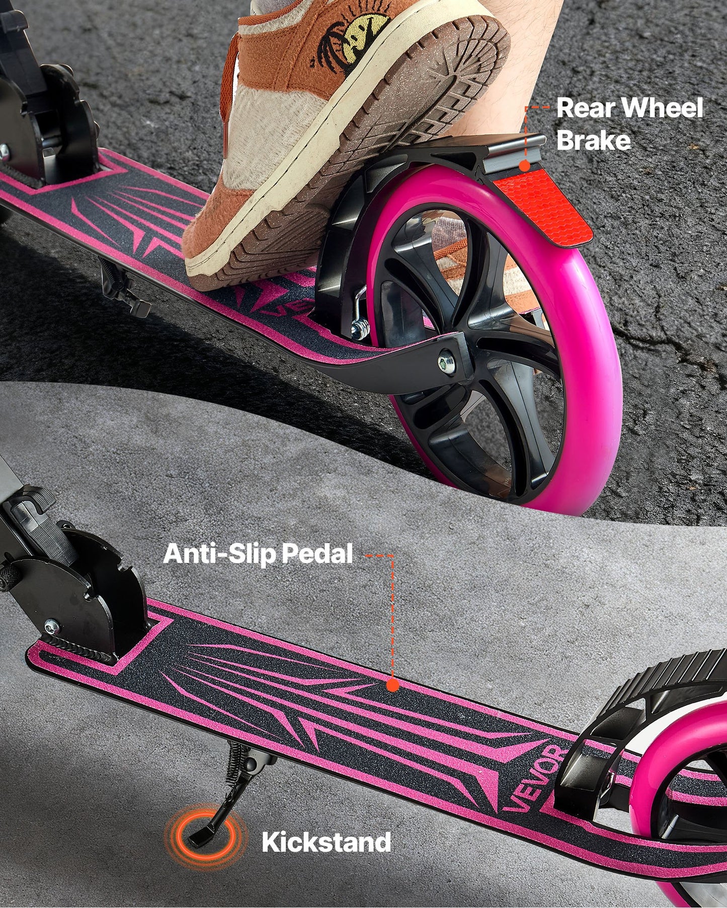 Kick Scooter for Kids Ages 8+, Teens & Adults, 2-Wheel Toddler Scooter with Adjustable Height Handlebar, Wide Anti-Slip Deck, Foldable Lightweight Frame for Boys and Girls up to 99.8 kg, Pink