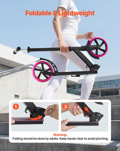 Kick Scooter for Kids Ages 8+, Teens & Adults, 2-Wheel Toddler Scooter with Adjustable Height Handlebar, Wide Anti-Slip Deck, Foldable Lightweight Frame for Boys and Girls up to 99.8 kg, Pink