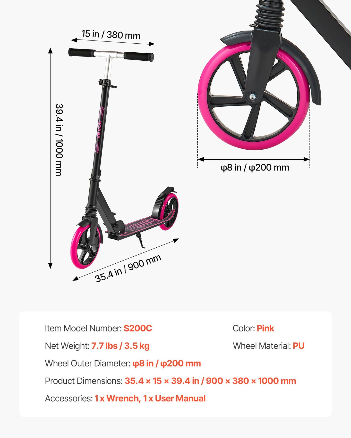 Kick Scooter for Kids Ages 8+, Teens & Adults, 2-Wheel Toddler Scooter with Adjustable Height Handlebar, Wide Anti-Slip Deck, Foldable Lightweight Frame for Boys and Girls up to 99.8 kg, Pink