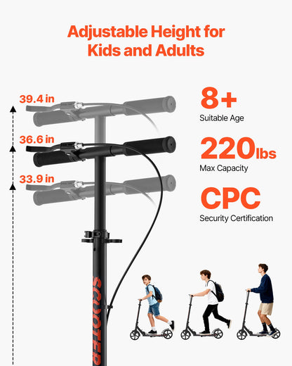 Kick Scooter for Kids Ages 8+, Teens & Adults, 2-Wheel Toddler Scooter with Height Adjustable Handlebar, Wide Anti-Slip Deck, Foldable Lightweight Frame for Boys & Girls up to 99.8 kg, Black