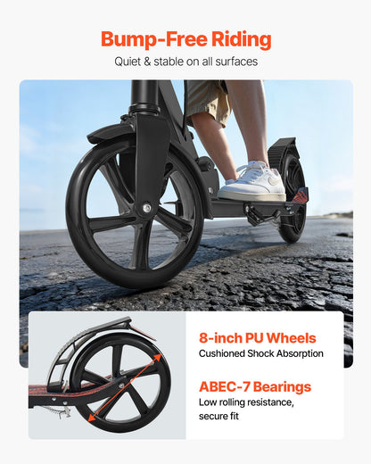 Kick Scooter for Kids Ages 8+, Teens & Adults, 2-Wheel Toddler Scooter with Height Adjustable Handlebar, Wide Anti-Slip Deck, Foldable Lightweight Frame for Boys & Girls up to 99.8 kg, Black