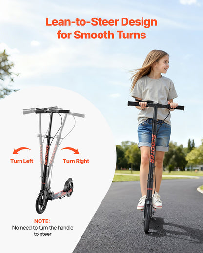 Kick Scooter for Kids Ages 8+, Teens & Adults, 2-Wheel Toddler Scooter with Height Adjustable Handlebar, Wide Anti-Slip Deck, Foldable Lightweight Frame for Boys & Girls up to 99.8 kg, Black