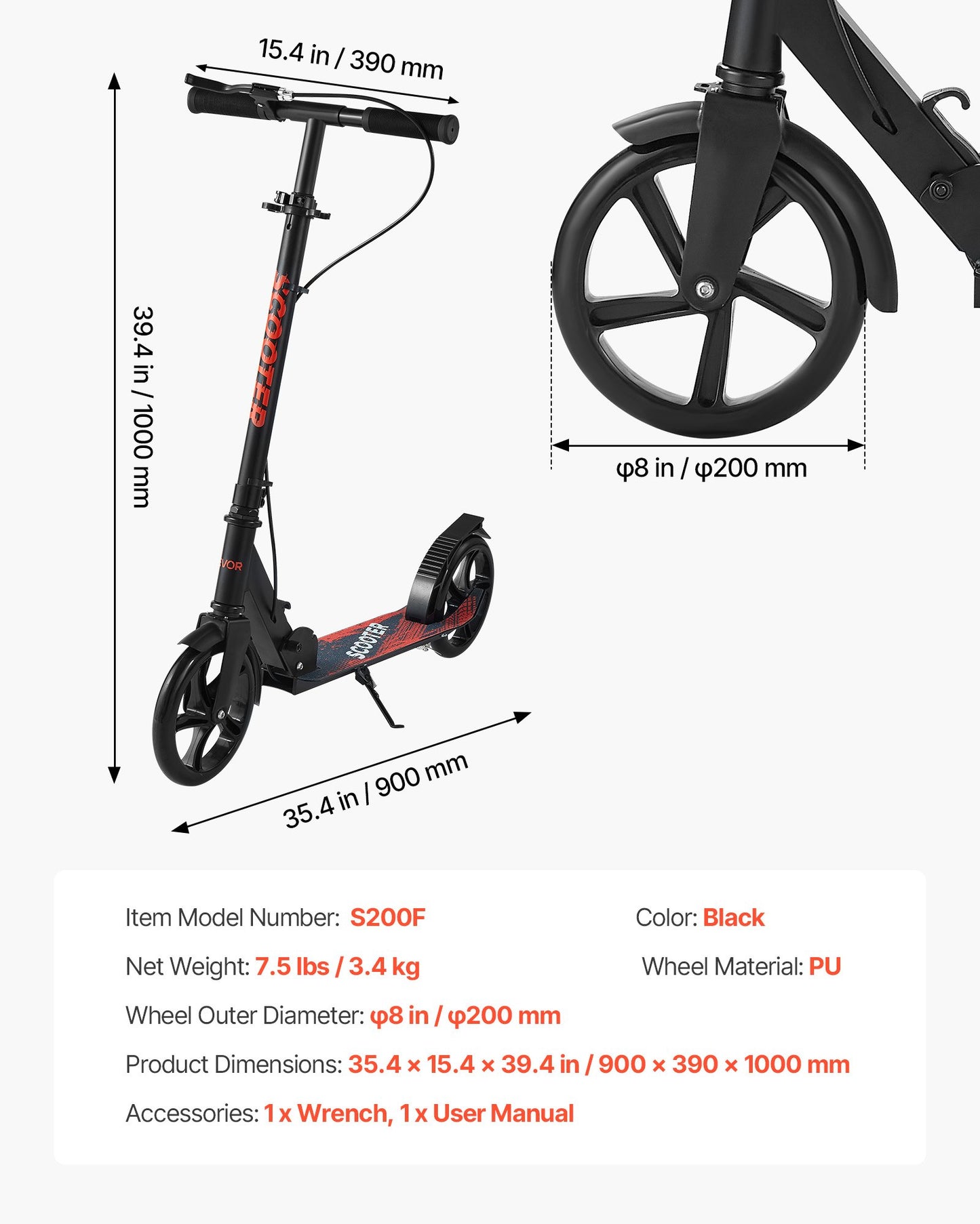 Kick Scooter for Kids Ages 8+, Teens & Adults, 2-Wheel Toddler Scooter with Height Adjustable Handlebar, Wide Anti-Slip Deck, Foldable Lightweight Frame for Boys & Girls up to 99.8 kg, Black