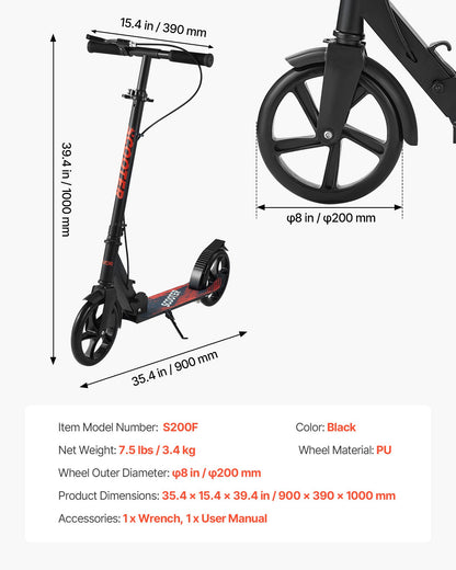 Kick Scooter for Kids Ages 8+, Teens & Adults, 2-Wheel Toddler Scooter with Height Adjustable Handlebar, Wide Anti-Slip Deck, Foldable Lightweight Frame for Boys & Girls up to 99.8 kg, Black
