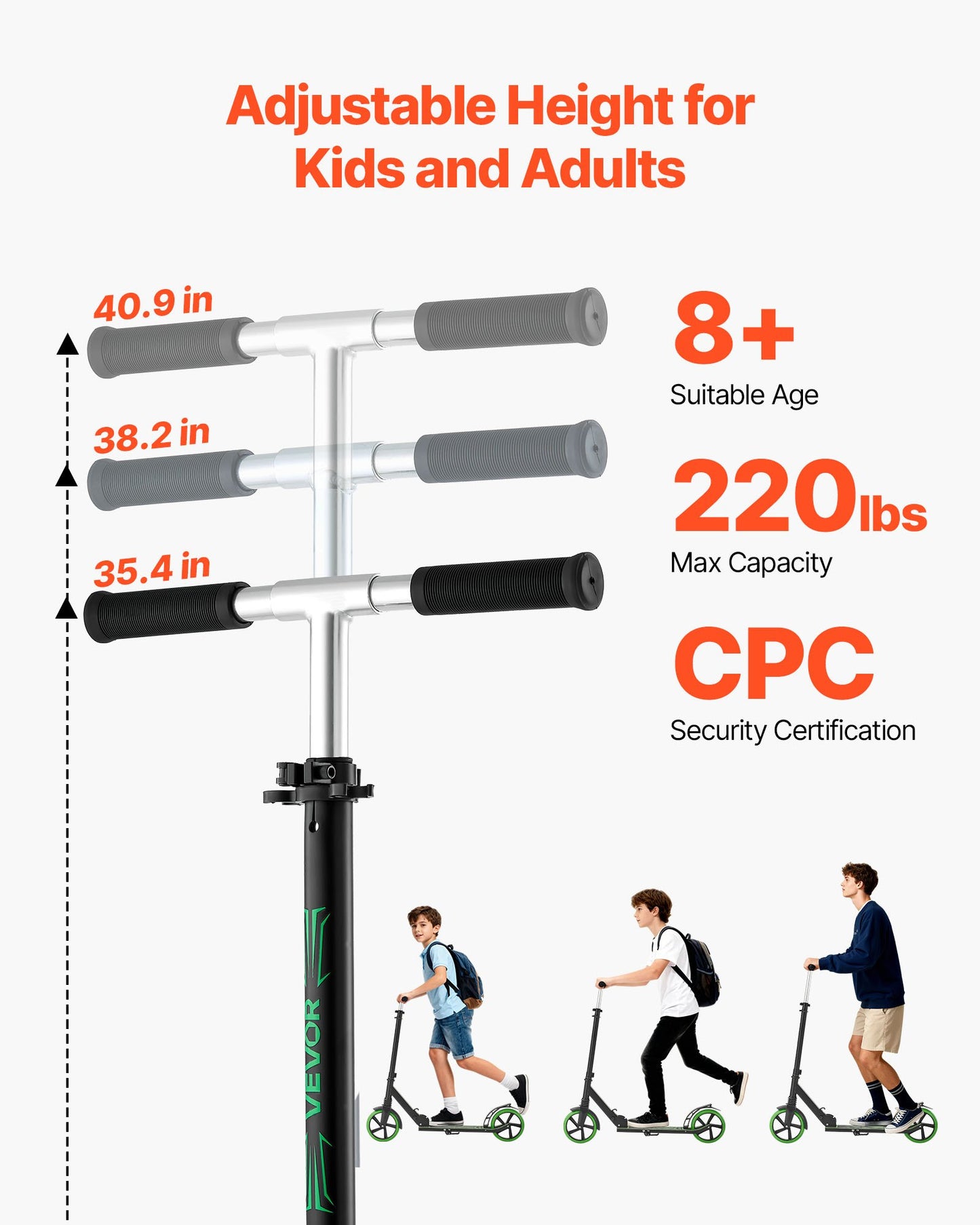 Kick Scooter for Kids Ages 8+, Teens & Adults, 2-Wheel Toddler Scooter with Adjustable Height Handlebar, Wide Anti-Slip Deck, Foldable Lightweight for Boys & Girls up to 99.8 kg, Black + Green