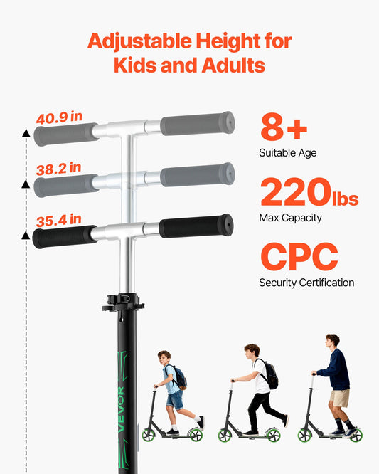 Kick Scooter for Kids Ages 8+, Teens & Adults, 2-Wheel Toddler Scooter with Adjustable Height Handlebar, Wide Anti-Slip Deck, Foldable Lightweight for Boys & Girls up to 99.8 kg, Black + Green