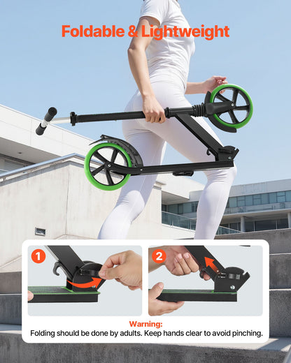 Kick Scooter for Kids Ages 8+, Teens & Adults, 2-Wheel Toddler Scooter with Adjustable Height Handlebar, Wide Anti-Slip Deck, Foldable Lightweight for Boys & Girls up to 99.8 kg, Black + Green