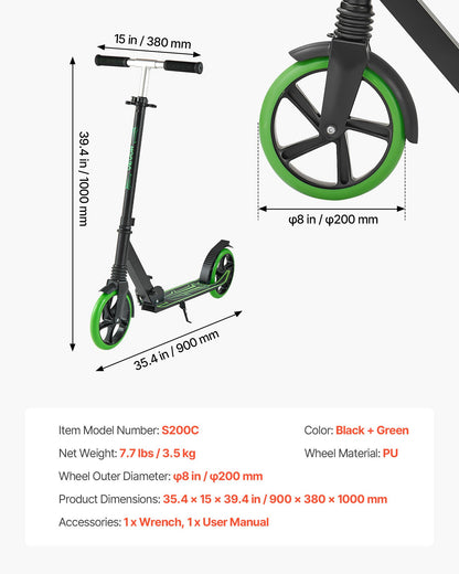 Kick Scooter for Kids Ages 8+, Teens & Adults, 2-Wheel Toddler Scooter with Adjustable Height Handlebar, Wide Anti-Slip Deck, Foldable Lightweight for Boys & Girls up to 99.8 kg, Black + Green