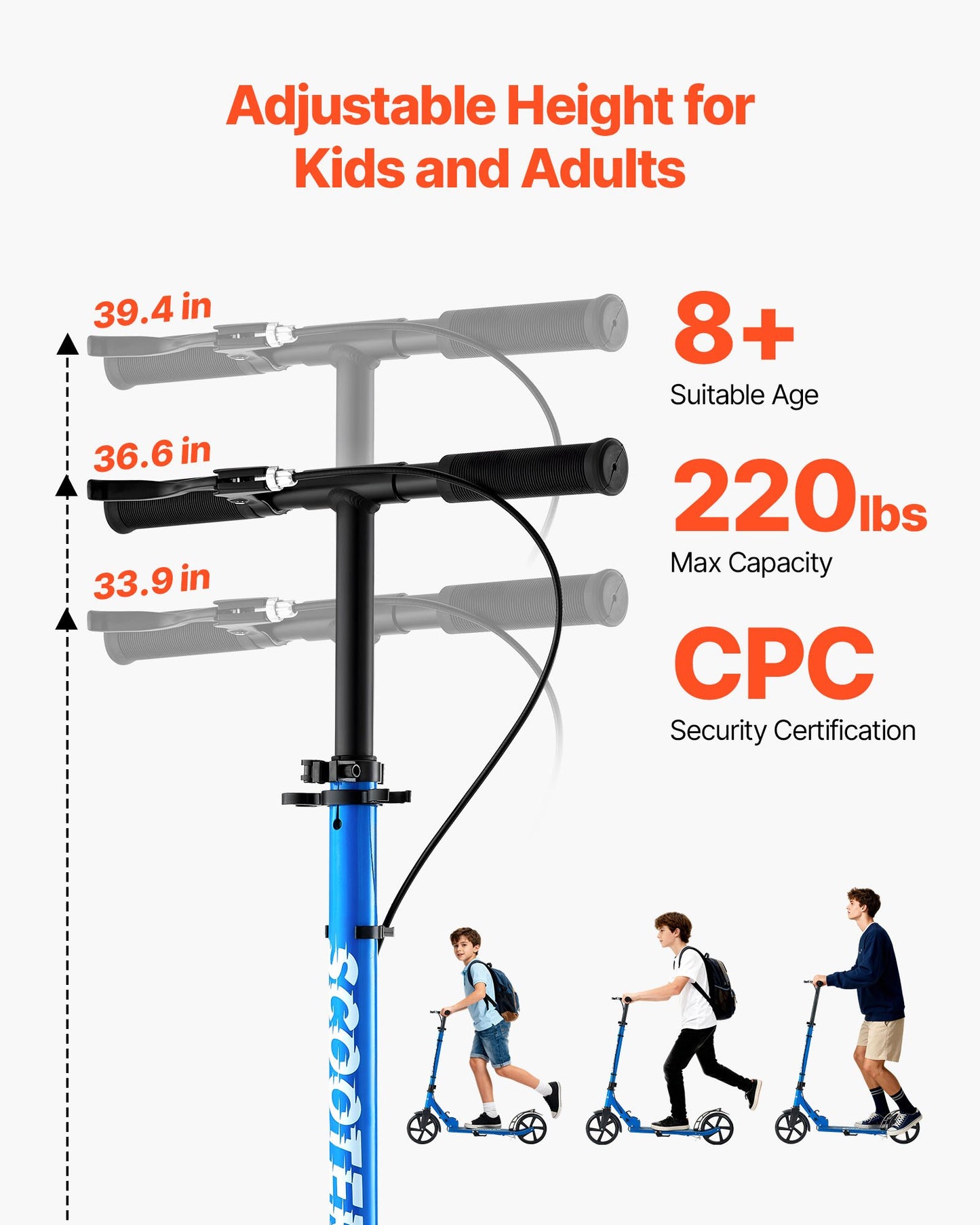 Kick Scooter for Kids Ages 8+, Teens & Adults, 2-Wheel Toddler Scooter with Height Adjustable Handlebar, Wide Anti-Slip Deck, Foldable Lightweight for Boys & Girls up to 99.8 kg, Black + Blue