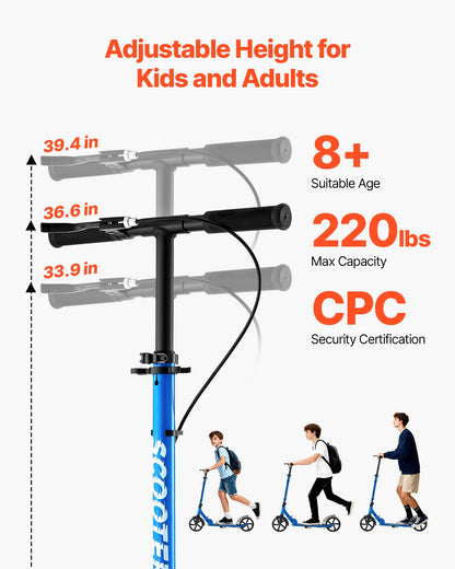 Kick Scooter for Kids Ages 8+, Teens & Adults, 2-Wheel Toddler Scooter with Height Adjustable Handlebar, Wide Anti-Slip Deck, Foldable Lightweight for Boys & Girls up to 99.8 kg, Black + Blue