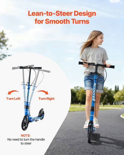 Kick Scooter for Kids Ages 8+, Teens & Adults, 2-Wheel Toddler Scooter with Height Adjustable Handlebar, Wide Anti-Slip Deck, Foldable Lightweight for Boys & Girls up to 99.8 kg, Black + Blue