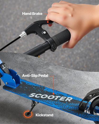 Kick Scooter for Kids Ages 8+, Teens & Adults, 2-Wheel Toddler Scooter with Height Adjustable Handlebar, Wide Anti-Slip Deck, Foldable Lightweight for Boys & Girls up to 99.8 kg, Black + Blue