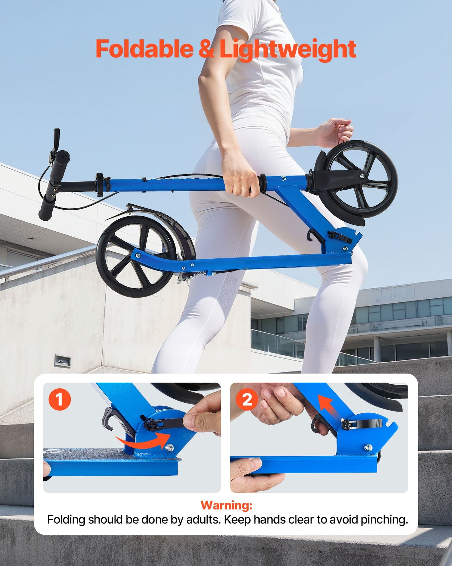 Kick Scooter for Kids Ages 8+, Teens & Adults, 2-Wheel Toddler Scooter with Height Adjustable Handlebar, Wide Anti-Slip Deck, Foldable Lightweight for Boys & Girls up to 99.8 kg, Black + Blue