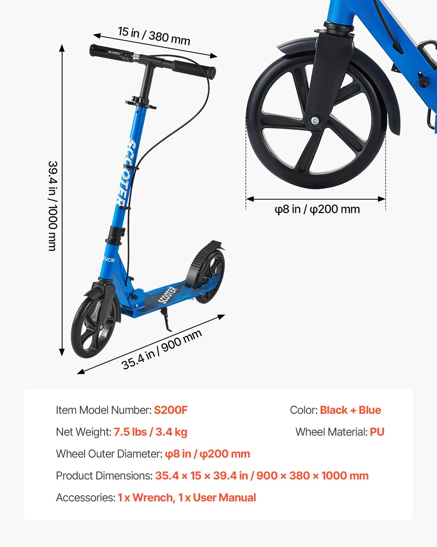 Kick Scooter for Kids Ages 8+, Teens & Adults, 2-Wheel Toddler Scooter with Height Adjustable Handlebar, Wide Anti-Slip Deck, Foldable Lightweight for Boys & Girls up to 99.8 kg, Black + Blue