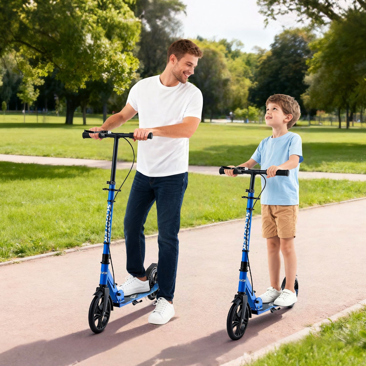 Kick Scooter for Kids Ages 8+, Teens & Adults, 2-Wheel Toddler Scooter with Height Adjustable Handlebar, Wide Anti-Slip Deck, Foldable Lightweight for Boys & Girls up to 99.8 kg, Black + Blue