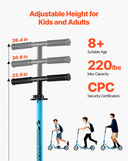 Kick Scooter for Kids Ages 8+, Teens & Adults, 2-Wheel Toddler Scooter with Adjustable Height Handlebar, Wide Anti-Slip Deck, Foldable Lightweight for Boys & Girls up to 99.8 kg, Blue + Black
