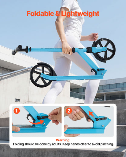 Kick Scooter for Kids Ages 8+, Teens & Adults, 2-Wheel Toddler Scooter with Adjustable Height Handlebar, Wide Anti-Slip Deck, Foldable Lightweight for Boys & Girls up to 99.8 kg, Blue + Black