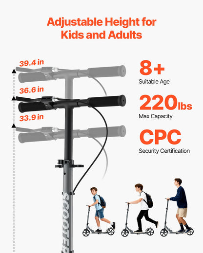 Kick Scooter for Kids Ages 8+, Teens & Adults, 2-Wheel Toddler Scooter with Adjustable Height Handlebar, Wide Anti-Slip Deck, Foldable Lightweight Frame for Boys and Girls up to 99.8 kg, Gray