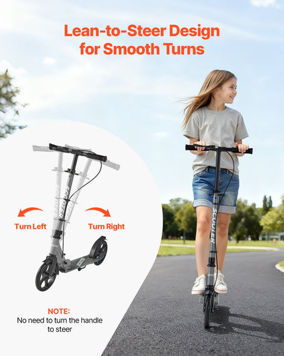 Kick Scooter for Kids Ages 8+, Teens & Adults, 2-Wheel Toddler Scooter with Adjustable Height Handlebar, Wide Anti-Slip Deck, Foldable Lightweight Frame for Boys and Girls up to 99.8 kg, Gray