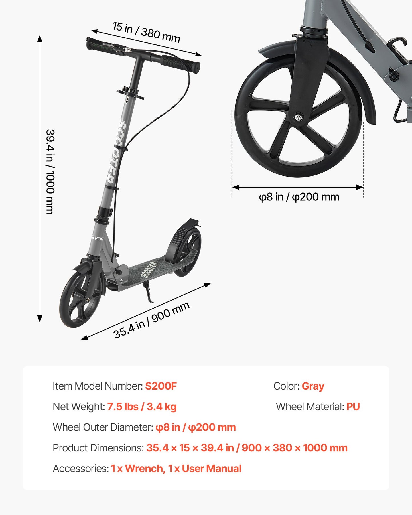 Kick Scooter for Kids Ages 8+, Teens & Adults, 2-Wheel Toddler Scooter with Adjustable Height Handlebar, Wide Anti-Slip Deck, Foldable Lightweight Frame for Boys and Girls up to 99.8 kg, Gray