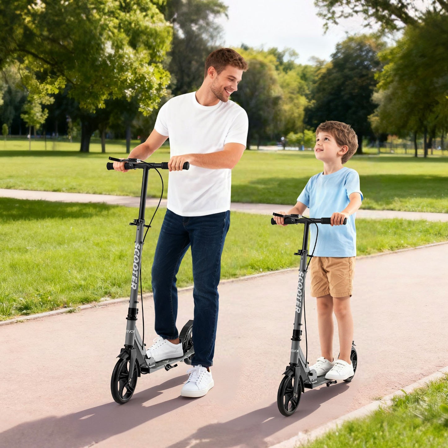 Kick Scooter for Kids Ages 8+, Teens & Adults, 2-Wheel Toddler Scooter with Adjustable Height Handlebar, Wide Anti-Slip Deck, Foldable Lightweight Frame for Boys and Girls up to 99.8 kg, Gray