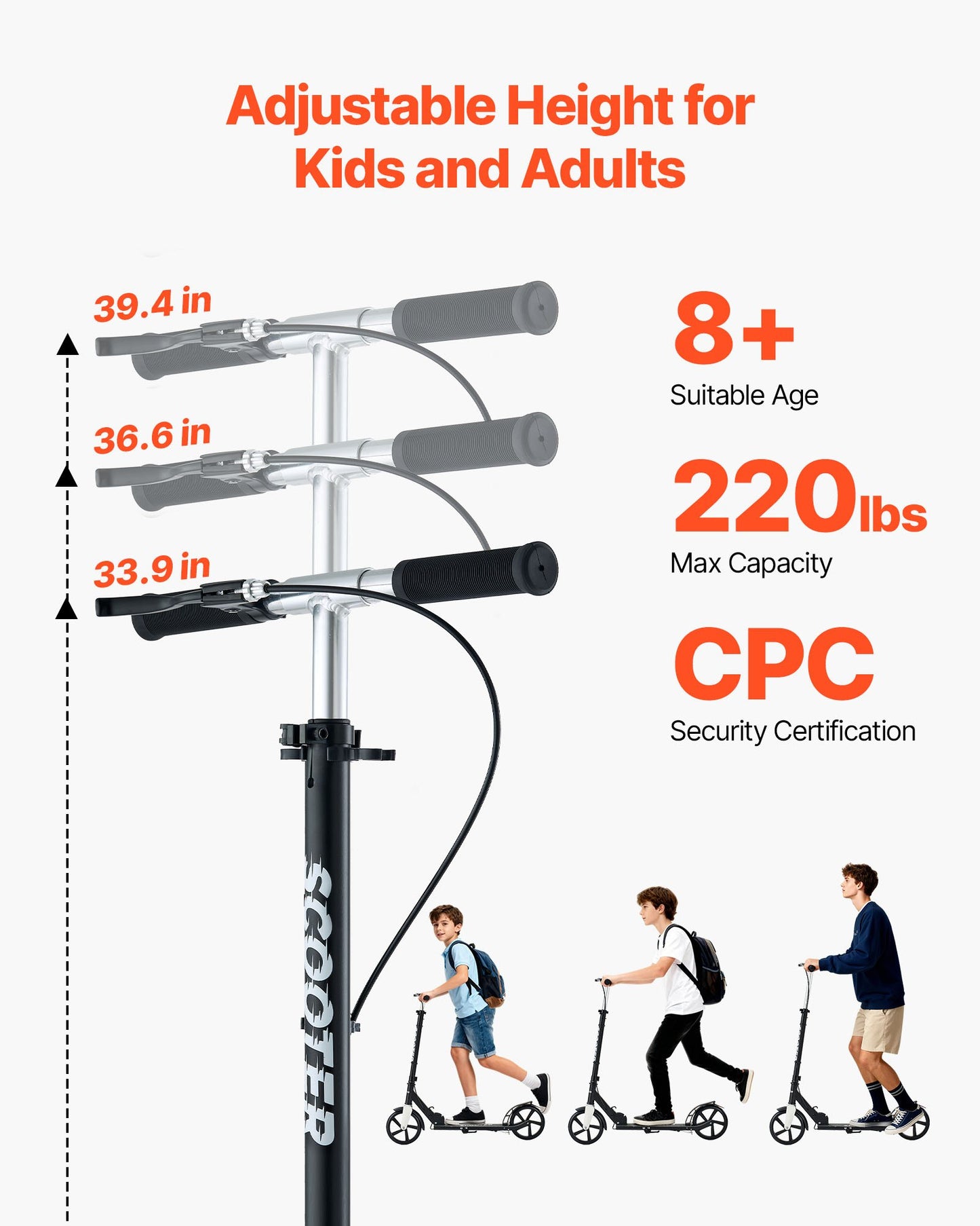 Kick Scooter for Kids Ages 8+, Teens & Adults, 2-Wheel Toddler Scooter with Adjustable Height Handlebar, Wide Anti-Slip Deck, Foldable Lightweight for Boys & Girls up to 99.8 kg, Black + Silver