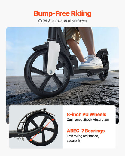 Kick Scooter for Kids Ages 8+, Teens & Adults, 2-Wheel Toddler Scooter with Adjustable Height Handlebar, Wide Anti-Slip Deck, Foldable Lightweight for Boys & Girls up to 99.8 kg, Black + Silver