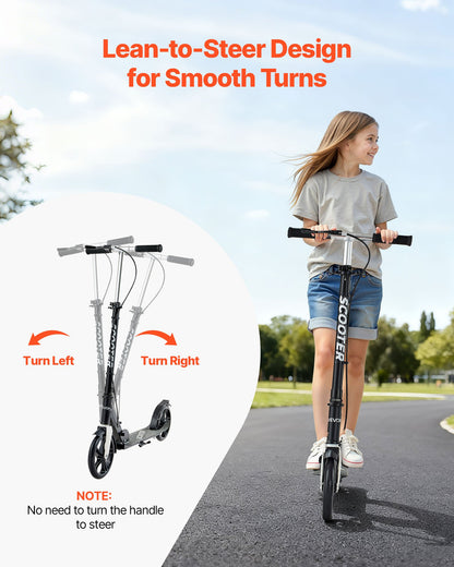 Kick Scooter for Kids Ages 8+, Teens & Adults, 2-Wheel Toddler Scooter with Adjustable Height Handlebar, Wide Anti-Slip Deck, Foldable Lightweight for Boys & Girls up to 99.8 kg, Black + Silver