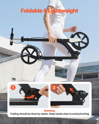 Kick Scooter for Kids Ages 8+, Teens & Adults, 2-Wheel Toddler Scooter with Adjustable Height Handlebar, Wide Anti-Slip Deck, Foldable Lightweight for Boys & Girls up to 99.8 kg, Black + Silver