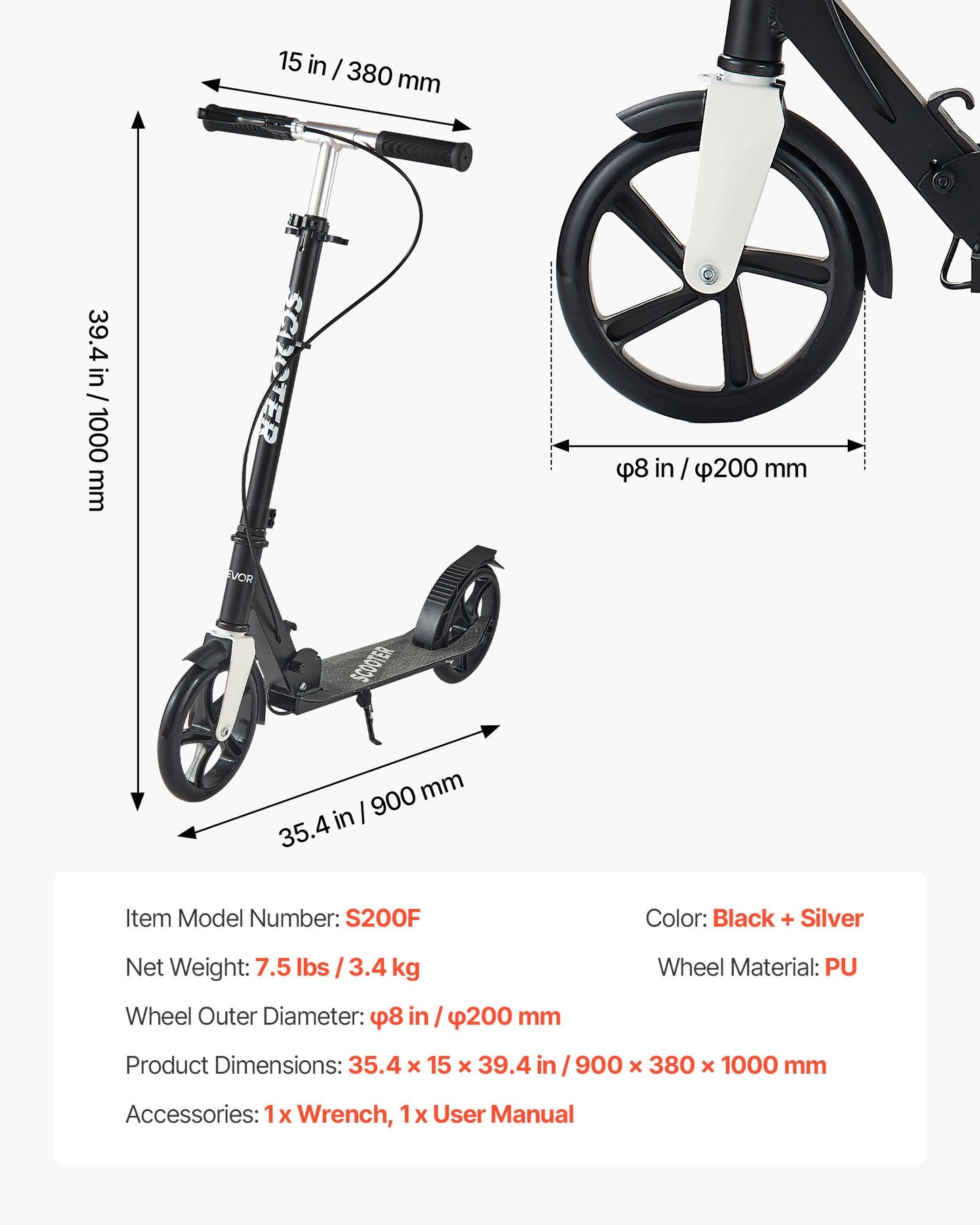 Kick Scooter for Kids Ages 8+, Teens & Adults, 2-Wheel Toddler Scooter with Adjustable Height Handlebar, Wide Anti-Slip Deck, Foldable Lightweight for Boys & Girls up to 99.8 kg, Black + Silver