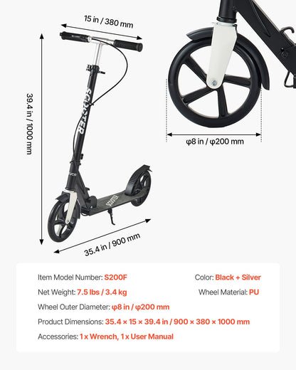 Kick Scooter for Kids Ages 8+, Teens & Adults, 2-Wheel Toddler Scooter with Adjustable Height Handlebar, Wide Anti-Slip Deck, Foldable Lightweight for Boys & Girls up to 99.8 kg, Black + Silver