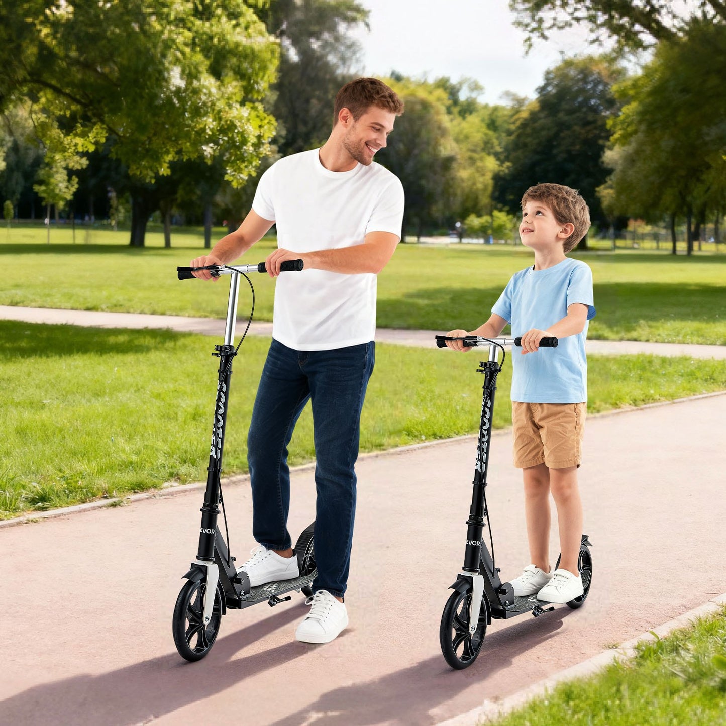 Kick Scooter for Kids Ages 8+, Teens & Adults, 2-Wheel Toddler Scooter with Adjustable Height Handlebar, Wide Anti-Slip Deck, Foldable Lightweight for Boys & Girls up to 99.8 kg, Black + Silver