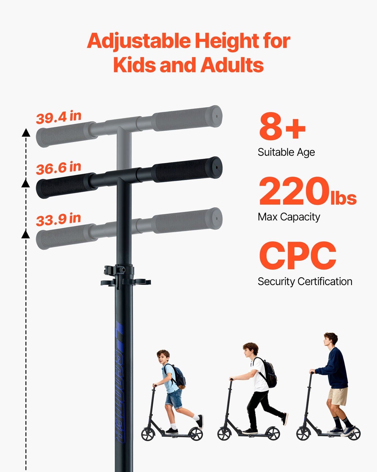 Kick Scooter for Kids Ages 8+, Teens & Adults, 2-Wheel Toddler Scooter with Adjustable Height Handlebar, Wide Anti-Slip Deck, Foldable Lightweight for Boys & Girls up to 99.8 kg, Black + Purple