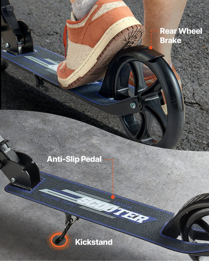 Kick Scooter for Kids Ages 8+, Teens & Adults, 2-Wheel Toddler Scooter with Adjustable Height Handlebar, Wide Anti-Slip Deck, Foldable Lightweight for Boys & Girls up to 99.8 kg, Black + Purple