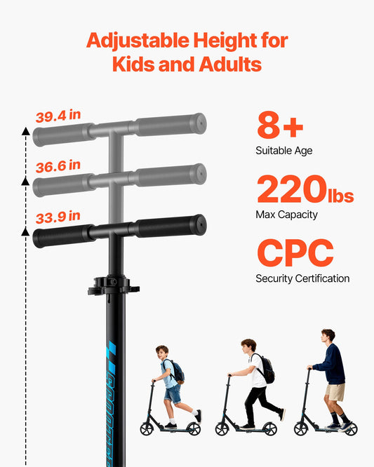 Kick Scooter for Kids Ages 8+, Teens & Adults, 2-Wheel Toddler Scooter with Adjustable Height Handlebar, Wide Anti-Slip Deck, Foldable Lightweight for Boys & Girls up to 99.8 kg, Black + Blue