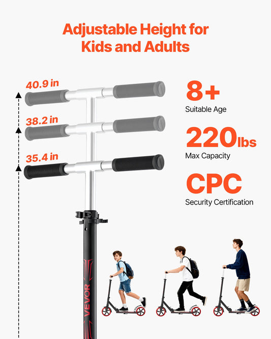 Kick Scooter for Kids Ages 8+, Teens & Adults, 2-Wheel Toddler Scooter with Adjustable Height Handlebar, Wide Anti-Slip Deck, Foldable Lightweight for Boys & Girls up to 99.8 kg, Black + Red