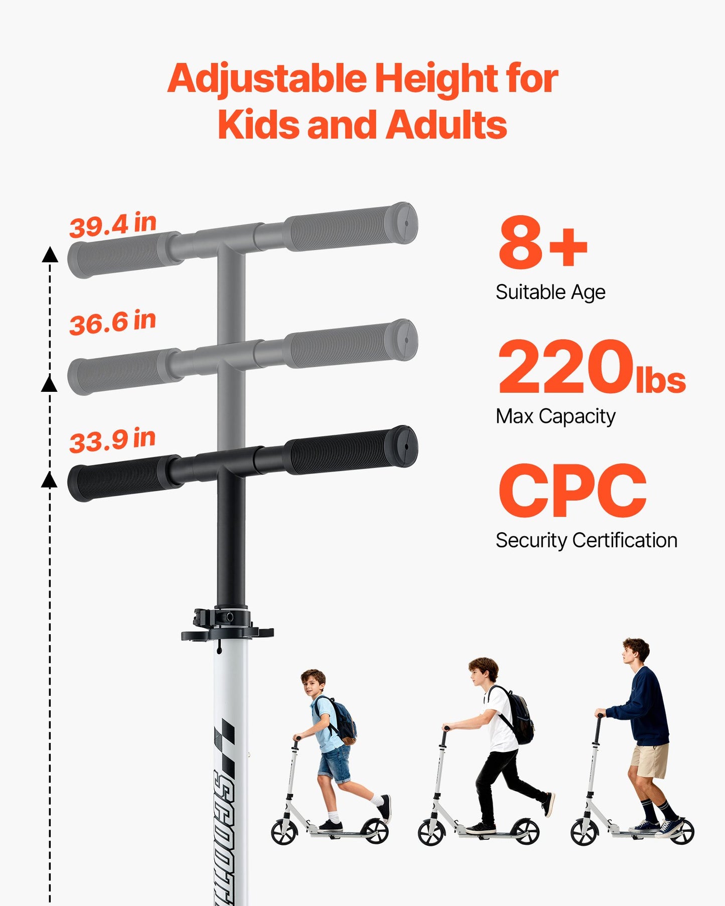 Kick Scooter for Kids Ages 8+, Teens & Adults, 2-Wheel Toddler Scooter with Adjustable Height Handlebar, Wide Anti-Slip Deck, Foldable Lightweight for Boys & Girls up to 99.8 kg, White + Black