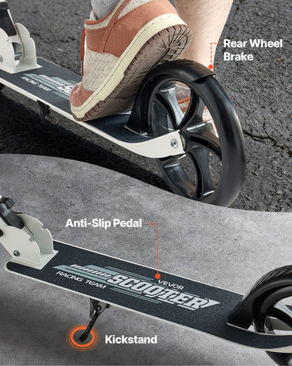 Kick Scooter for Kids Ages 8+, Teens & Adults, 2-Wheel Toddler Scooter with Adjustable Height Handlebar, Wide Anti-Slip Deck, Foldable Lightweight for Boys & Girls up to 99.8 kg, White + Black