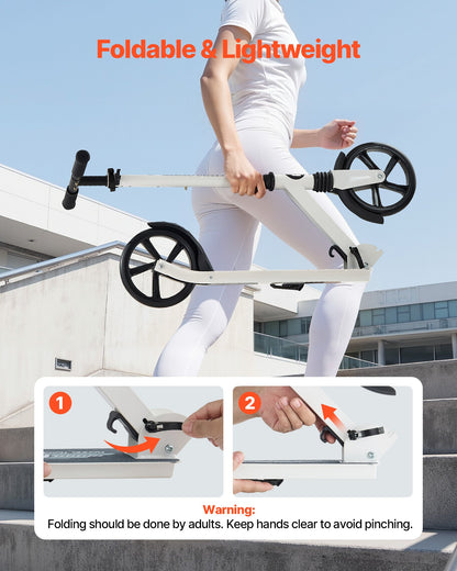 Kick Scooter for Kids Ages 8+, Teens & Adults, 2-Wheel Toddler Scooter with Adjustable Height Handlebar, Wide Anti-Slip Deck, Foldable Lightweight for Boys & Girls up to 99.8 kg, White + Black