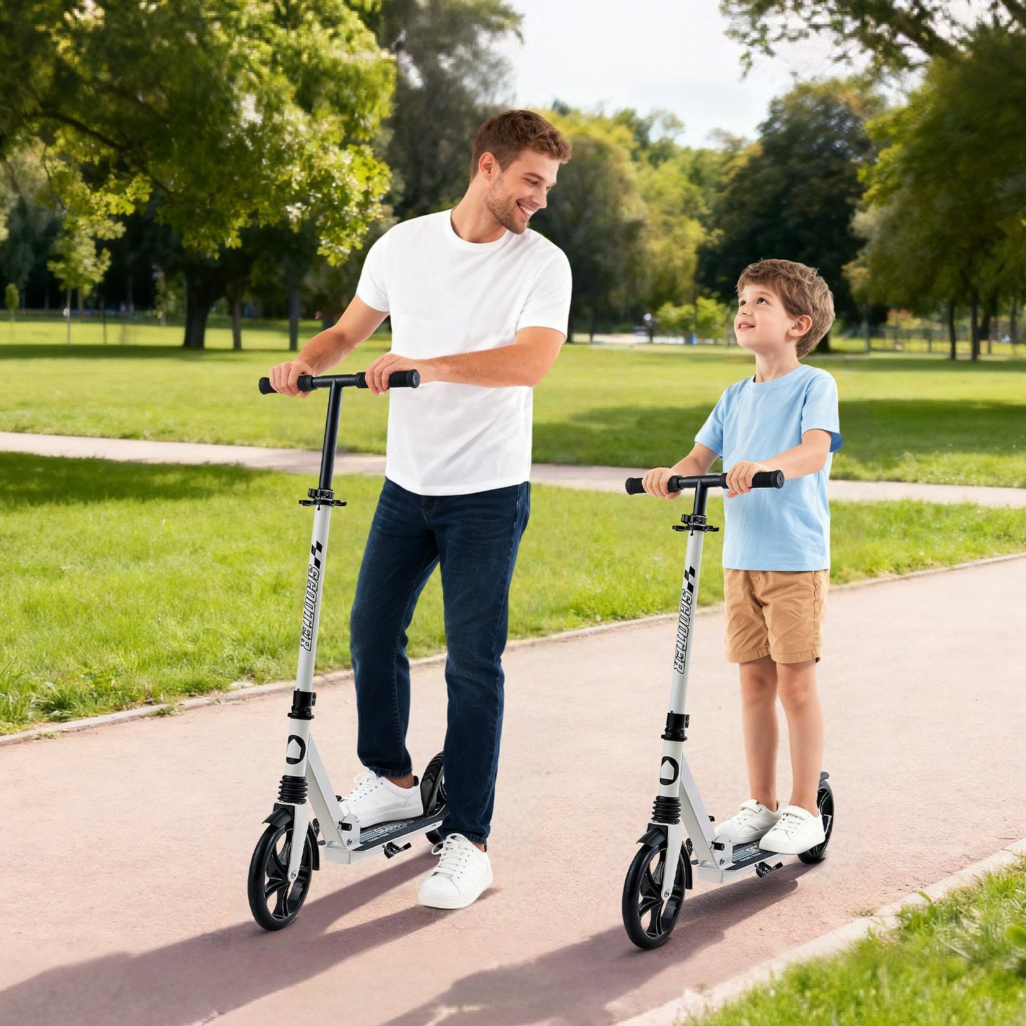 Kick Scooter for Kids Ages 8+, Teens & Adults, 2-Wheel Toddler Scooter with Adjustable Height Handlebar, Wide Anti-Slip Deck, Foldable Lightweight for Boys & Girls up to 99.8 kg, White + Black