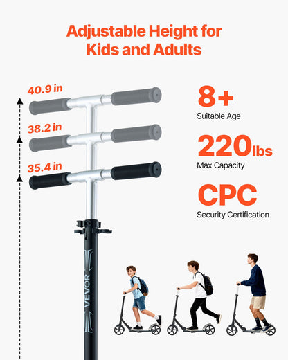 Kick Scooter for Kids Ages 8+, Teens & Adults, 2-Wheel Toddler Scooter with Adjustable Height Handlebar, Wide Anti-Slip Deck, Foldable Lightweight Frame for Boys & Girls up to 99.8 kg, Black