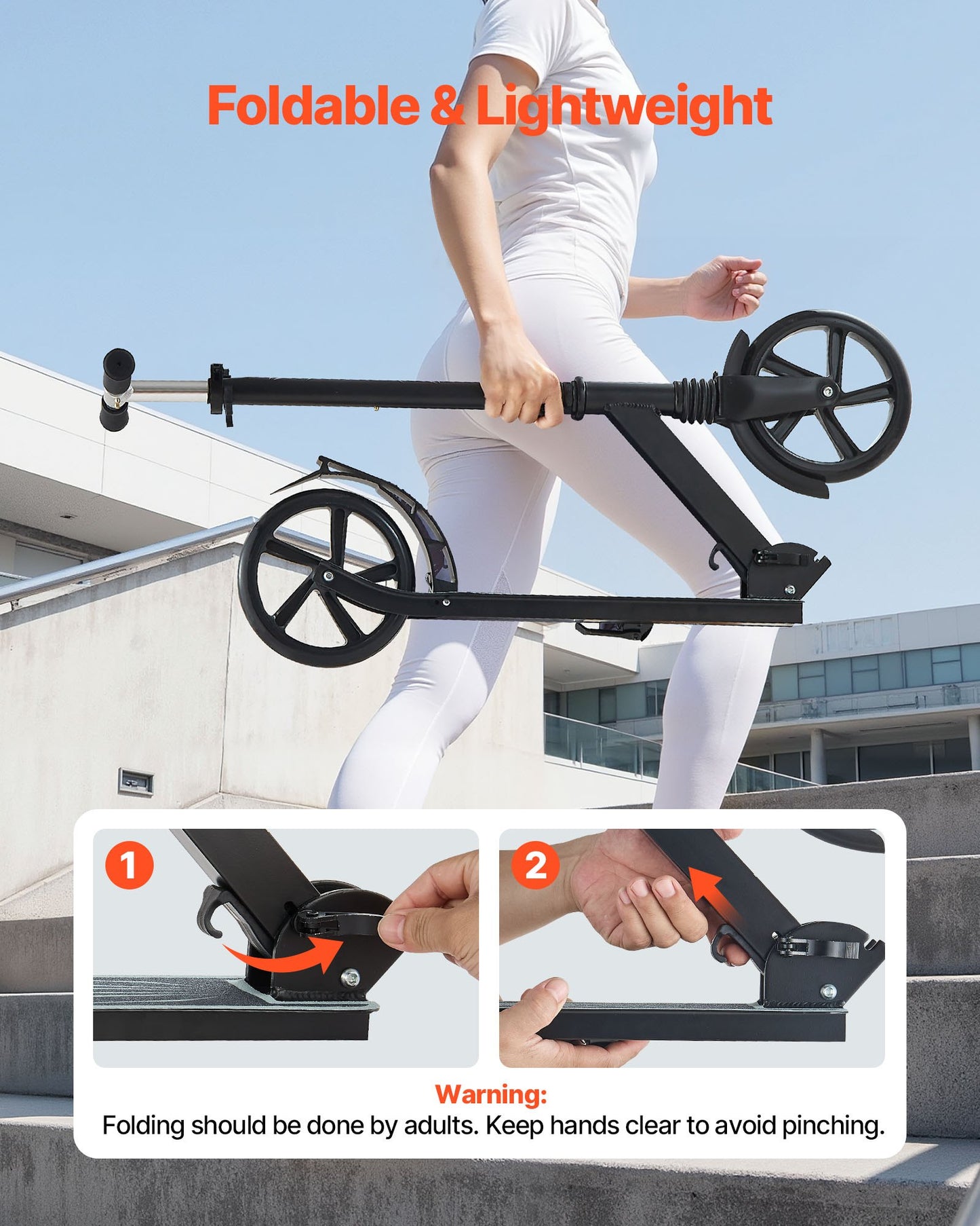 Kick Scooter for Kids Ages 8+, Teens & Adults, 2-Wheel Toddler Scooter with Adjustable Height Handlebar, Wide Anti-Slip Deck, Foldable Lightweight Frame for Boys & Girls up to 99.8 kg, Black
