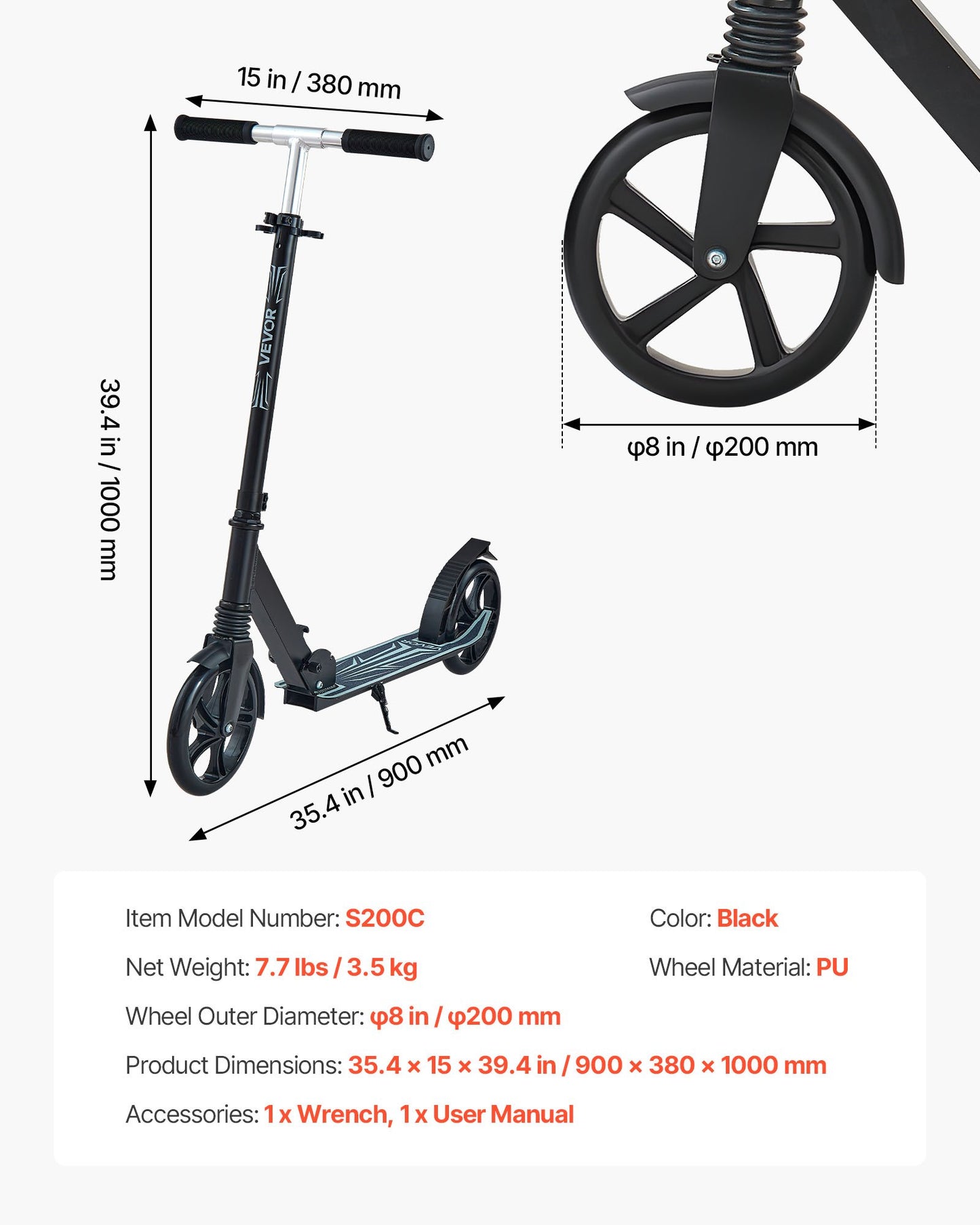 Kick Scooter for Kids Ages 8+, Teens & Adults, 2-Wheel Toddler Scooter with Adjustable Height Handlebar, Wide Anti-Slip Deck, Foldable Lightweight Frame for Boys & Girls up to 99.8 kg, Black