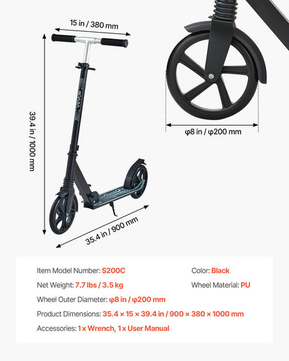 Kick Scooter for Kids Ages 8+, Teens & Adults, 2-Wheel Toddler Scooter with Adjustable Height Handlebar, Wide Anti-Slip Deck, Foldable Lightweight Frame for Boys & Girls up to 99.8 kg, Black