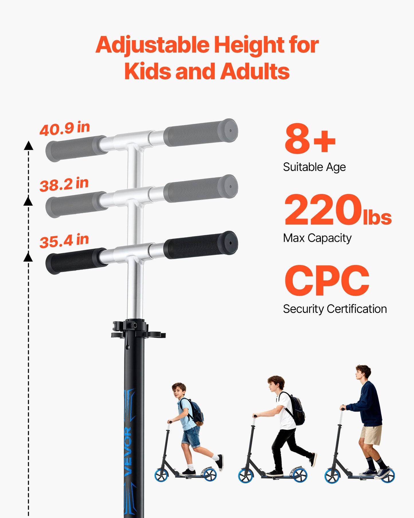 Kick Scooter for Kids Ages 8+, Teens & Adults, 2-Wheel Toddler Scooter with Adjustable Height Handlebar, Wide Anti-Slip Deck, Foldable Lightweight Frame for Boys and Girls up to 99.8 kg, Blue + Black