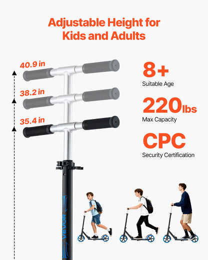 Kick Scooter for Kids Ages 8+, Teens & Adults, 2-Wheel Toddler Scooter with Adjustable Height Handlebar, Wide Anti-Slip Deck, Foldable Lightweight Frame for Boys and Girls up to 99.8 kg, Blue + Black