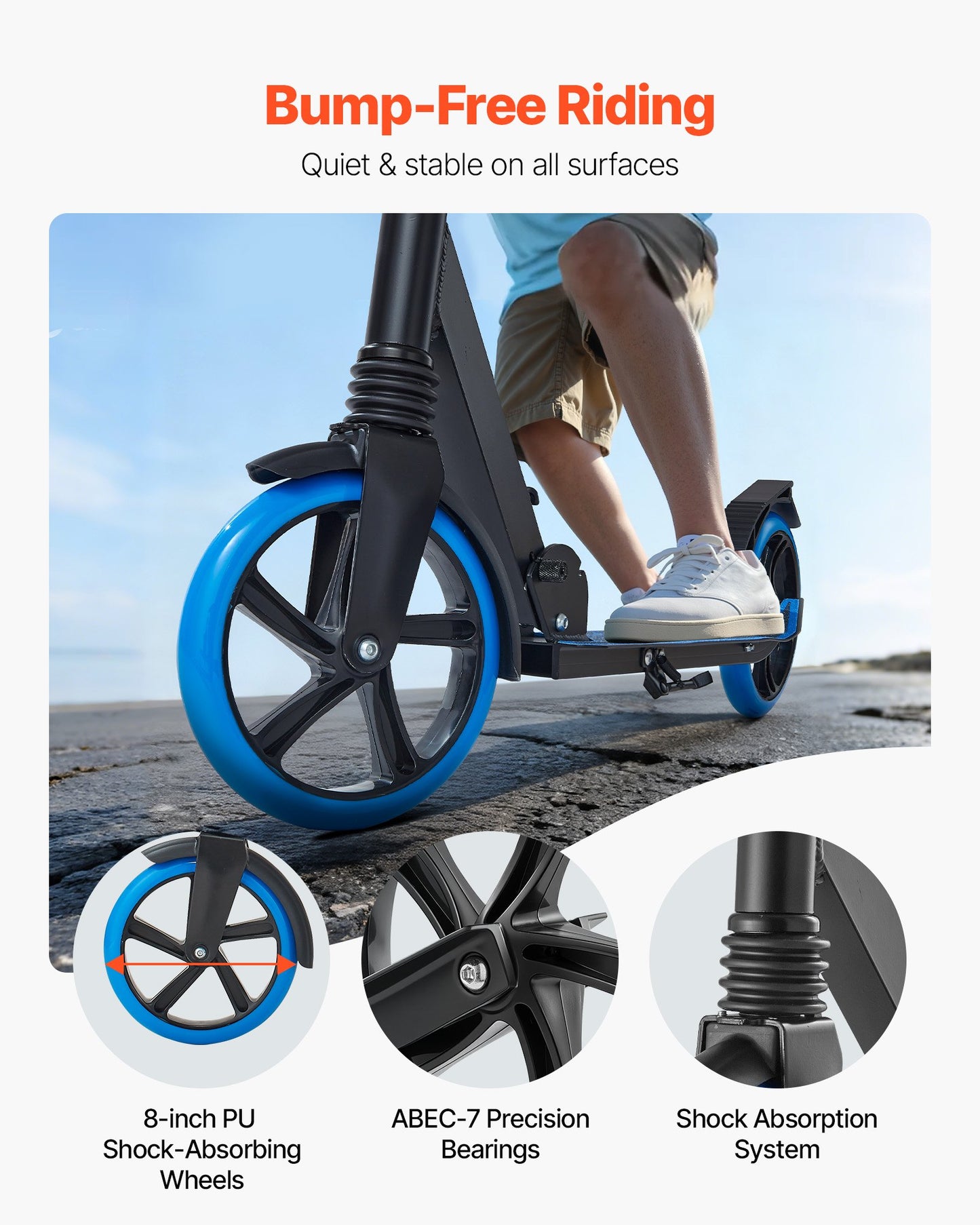 Kick Scooter for Kids Ages 8+, Teens & Adults, 2-Wheel Toddler Scooter with Adjustable Height Handlebar, Wide Anti-Slip Deck, Foldable Lightweight Frame for Boys and Girls up to 99.8 kg, Blue + Black