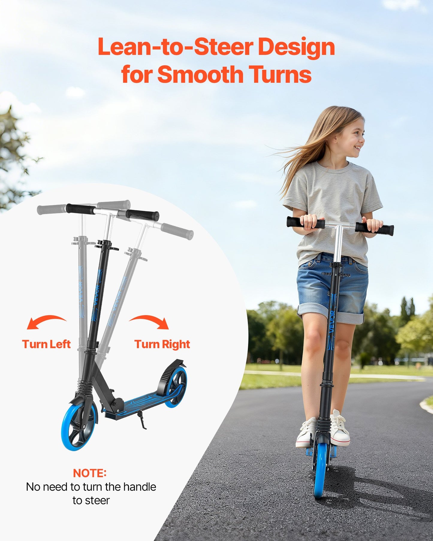 Kick Scooter for Kids Ages 8+, Teens & Adults, 2-Wheel Toddler Scooter with Adjustable Height Handlebar, Wide Anti-Slip Deck, Foldable Lightweight Frame for Boys and Girls up to 99.8 kg, Blue + Black
