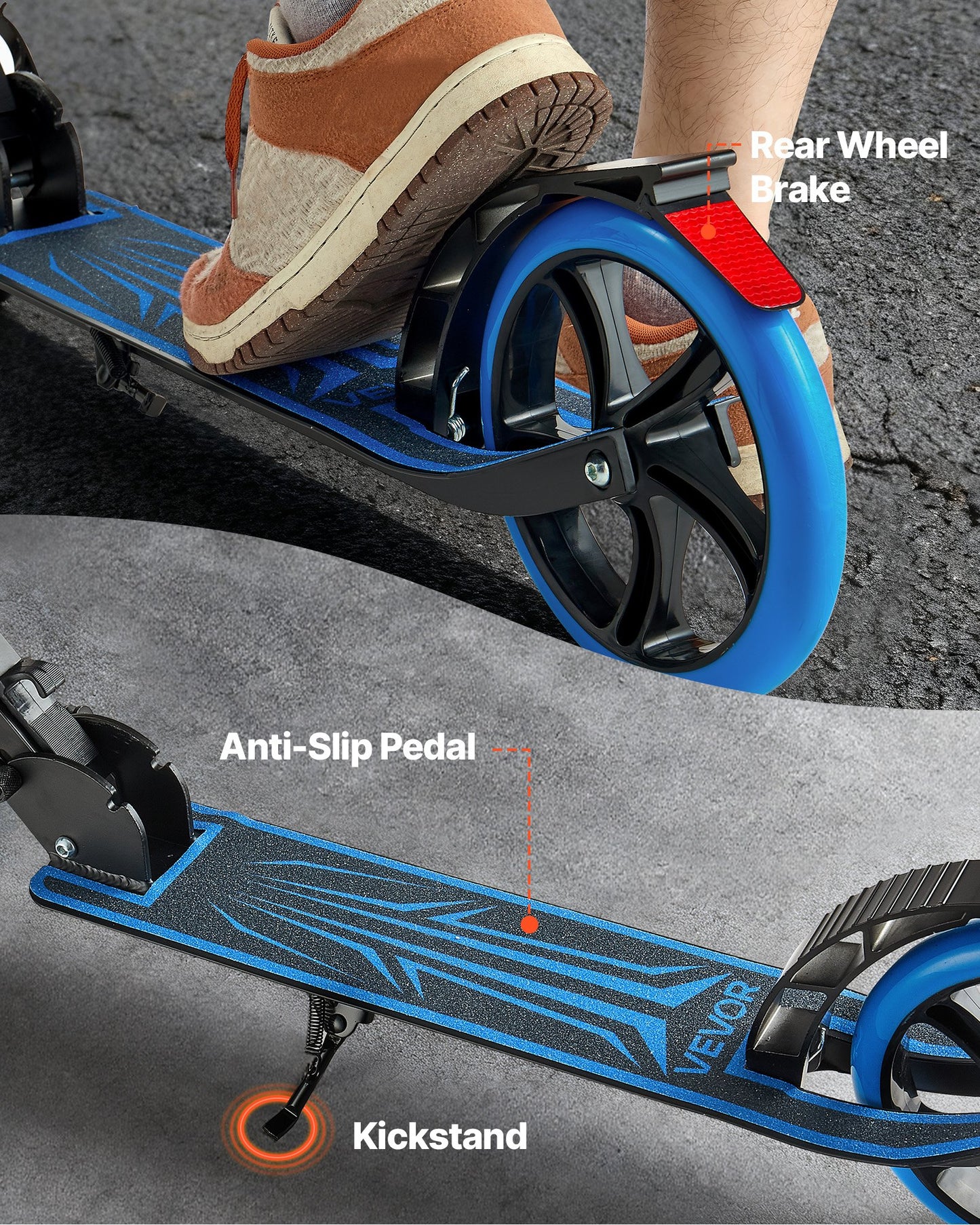 Kick Scooter for Kids Ages 8+, Teens & Adults, 2-Wheel Toddler Scooter with Adjustable Height Handlebar, Wide Anti-Slip Deck, Foldable Lightweight Frame for Boys and Girls up to 99.8 kg, Blue + Black